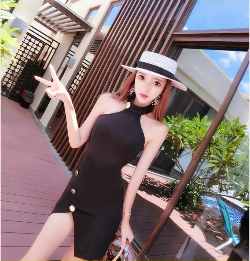 

2019 Free shiping Spring new style Korean style Halter Package buttocks Backless Sexy Slim Women Dress club dress