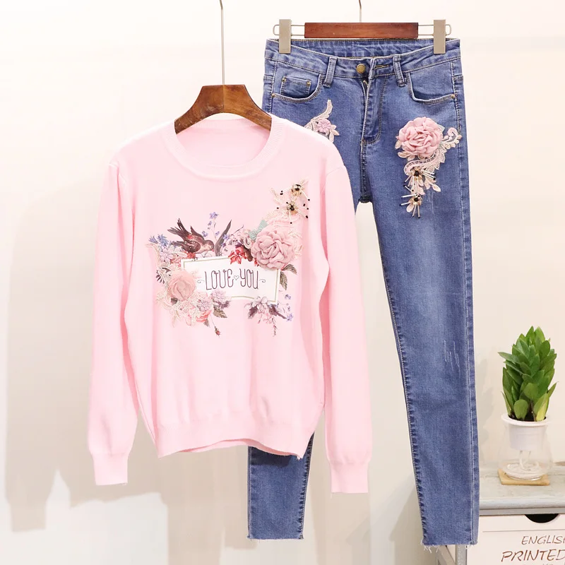 2 Pantalon Broderie Floral Chandail Costumes Jeans Tricoté Automne Pièces Ensemble Oiseaux Femmes 2018 Hiver Deux RE8xS