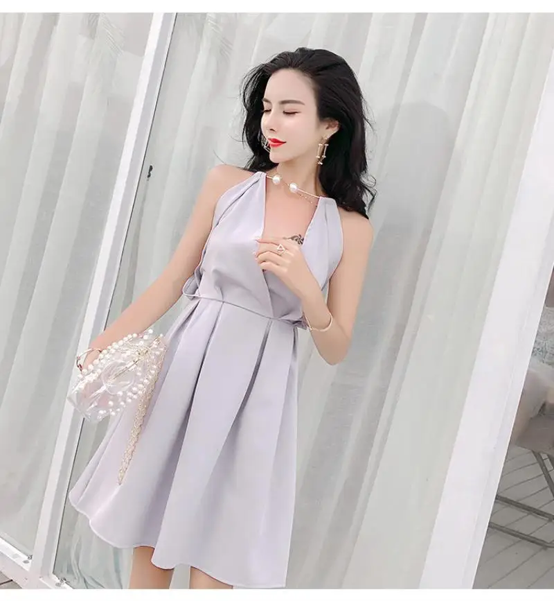 Halter Backless Sexy Women Dress Elegant Pearl Chain V Neck Sleeveless Evening Party Club Summer Dress Vestidos Female