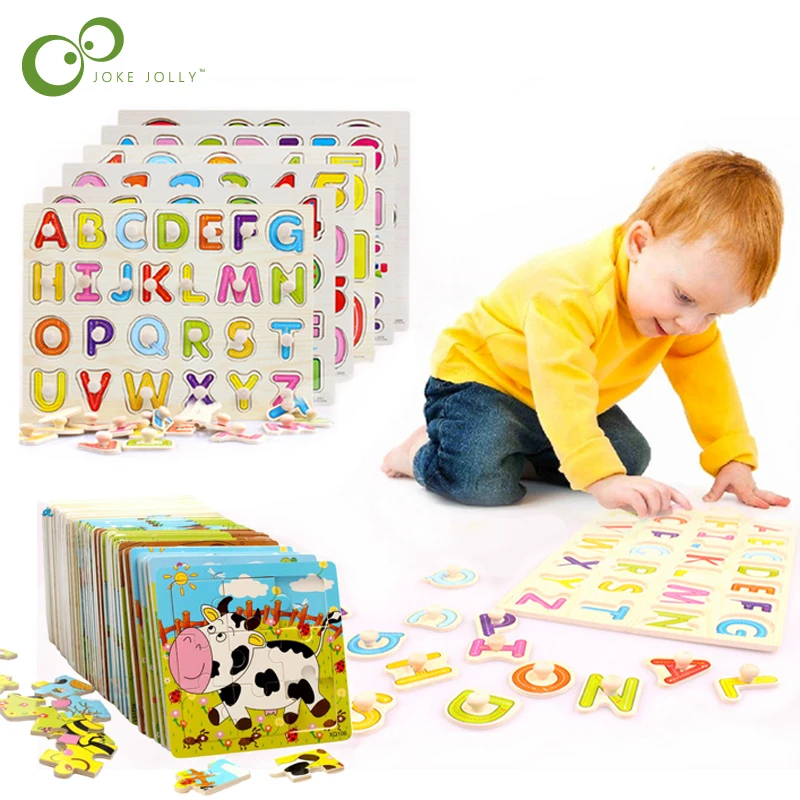 

3pcs Wooden Toy 1pc Hand Puzzles+2pc Animal Puzzle Number Alphabet Recognition Puzzle For Children Montessori Educational GYH