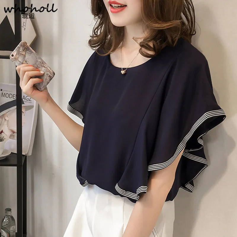 

Women Blouse Shirts Summer Elegant Chiffon Blouse O-Neck Butterfly Short Sleeve Lady Clothing Blusas Femininas Casual Loose Tops