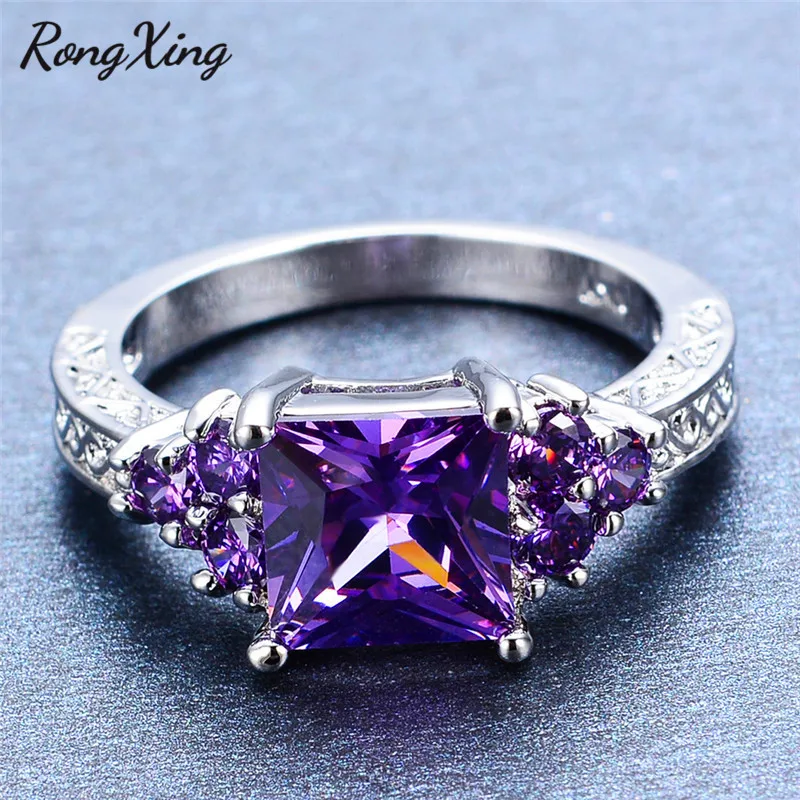 

RongXing 8MM Square Purple/Red Stone Engagement Rings for Women Wedding 925 Silver Filled Birthstone Ring Female Crystal Jewelry