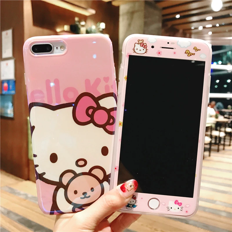 Cute Hello Kitty Blu ray Phone Case Tempered Glass Film For iPhone X XR