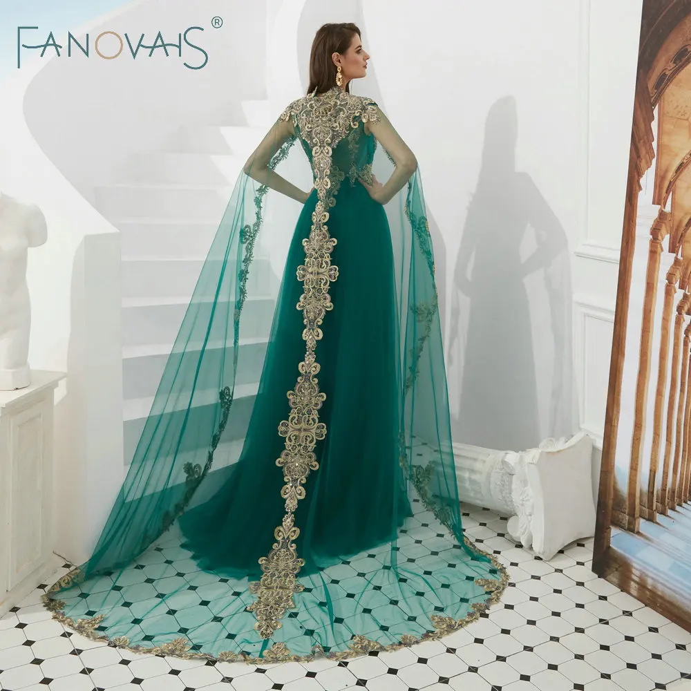 Зеленые вечерние платья с Мыс тюль Арабские Vestido De Fiesta длинные Вечерний Robe de Soiree