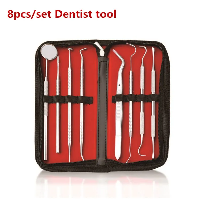 

8pcs/set stainless steel Dentist tool Suit remove Tooth calculus tweezers Mouth mirror Dentistry instrument Auxiliary tool