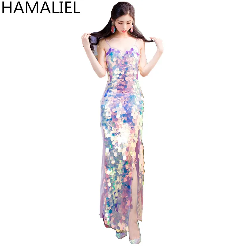 

HAMALIEL Summer Luxury Sheath Long Party Dress 2019 Runway Designer Women Colour Sequined Halter Sexy V Neck Bodycon Dresses