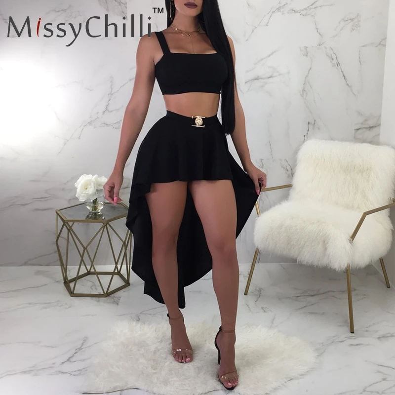 MissyChilli المعادن عالية الخصر مشبك أسود المحاصيل مثير اللباس النساء غير المتماثلة حزام حزب اللباس الإناث اثنين-قطعة بدلة فستان صيفي