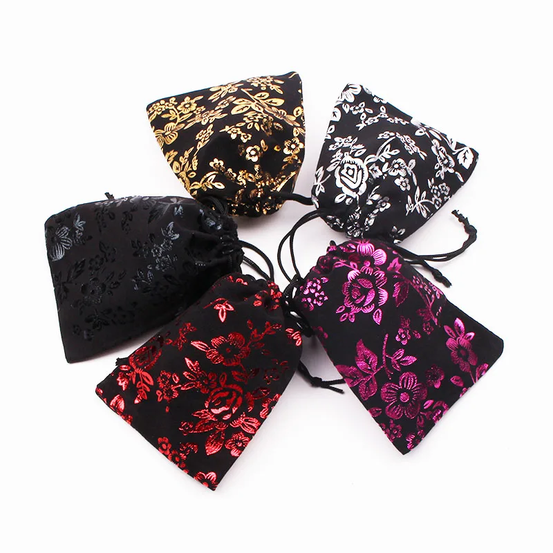 

50pcs 9x12cm (3.54"x4.72") Nice Velvet Bags Flower Bronzing Drawstring Pouches Christmas Jewerly Bracelet Necklace Gift Bags