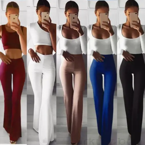 Hot Women Plain Palazzo Wide Leg High Waist Office Lady Skinny Solid Casual Flared Trousers Long Loose OL Work Pants