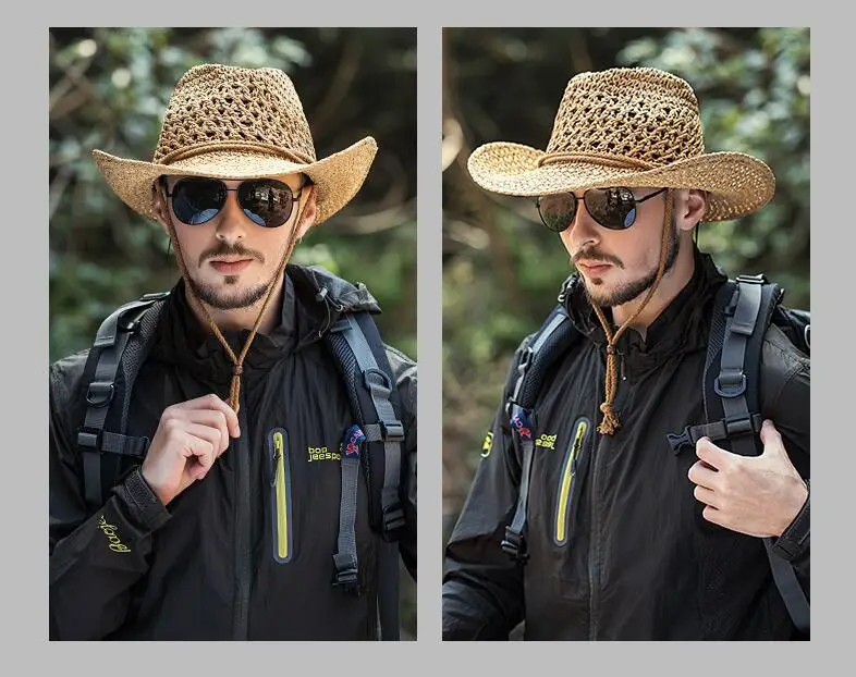 Outdoor Cowboy Hat Men's Summer Hand-made Cowboy Straw Cap Male Casual Fishing Climbing Sun Protection Breathable Hats H7260