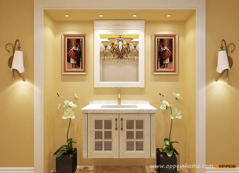 Customized Traditonal Elegant White Wooden Bathroom Cabinet