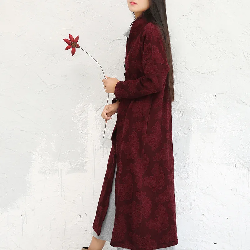 Image Women Cotton Linen Jacquard Handmade Button Trench Coat Ladies Dark red Long Overcoats Female Single Breasted Coats