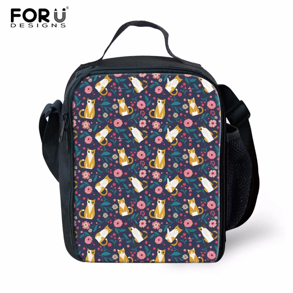 

FORUDESIGNS Flowers Cat Zipper Lunch Bag Thermal Lunchbox Thermo Bag For Food Picnic Portable Cooler Lunch Box Chicken Lunch Bag