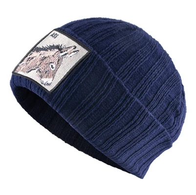 Однотонные зимние шапки для мужчин, вышитые ослики, узорчатые вязаные шапки, женская Лыжная Балаклава, Осенняя шапка в стиле хип-хоп, плотные теплые шапки - Цвет: Тёмно-синий