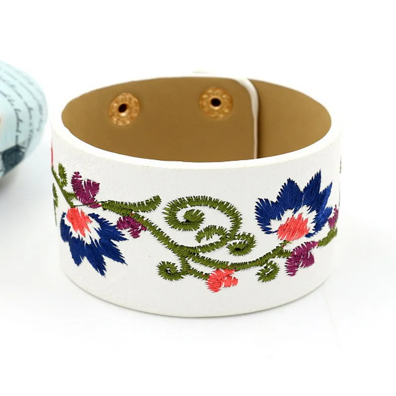

Rainbery Bohemia Embroidery Flower Leather Bracelet Female Fashion Wide PU Leather Bracelets & Bangles Women Femme JB0479