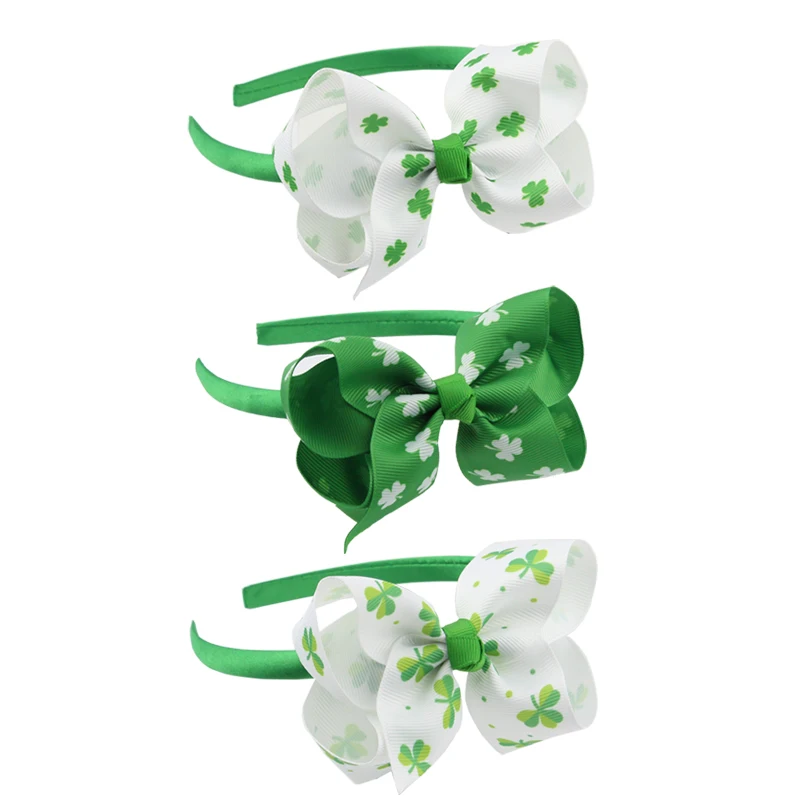 Fashion Girls Green Clover Printing  Headband Solid Grosgrain Ribbon Bows Hairhoop Headband Boutique Hairhoop  For Kids Headwear Hair Accessories