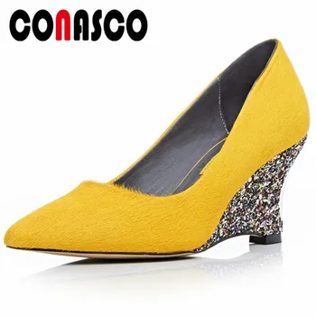 

CONASCO Fashion Sexy New Women Pumps Glitters High Heels Party Wedding Shoes Woman Wedges Heels Horsehair Prom Pumps Shoes Woman