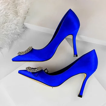

2019 Women Fetish 9.5cm High Heels Female Bridal Heels Pumps Lady Scarpins Blue Green Pink Glitter Crystal Rhinestone Red Shoes