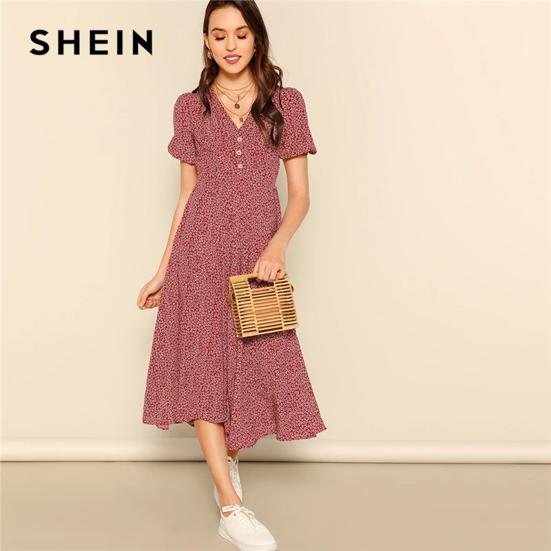 Online SHEIN Taste Vorne Allover Print V ausschnitt Kleid Frauen 2019 Posh Sommer Burgund EINE Linie Kurzarm Fit und Flare Kleider