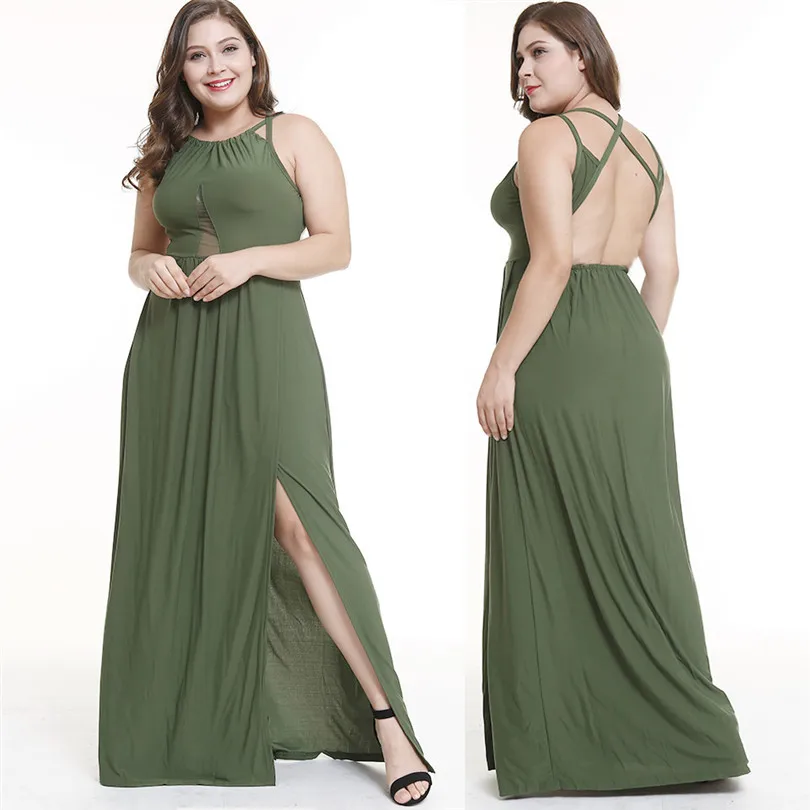 Plus Size S-5XL Sexy Slit Hollow Out Women Club Party Dress Spaghetti Strap O-Neck Ladies Maxi Dress Robe Femme Ete 2019 Dresses (5)
