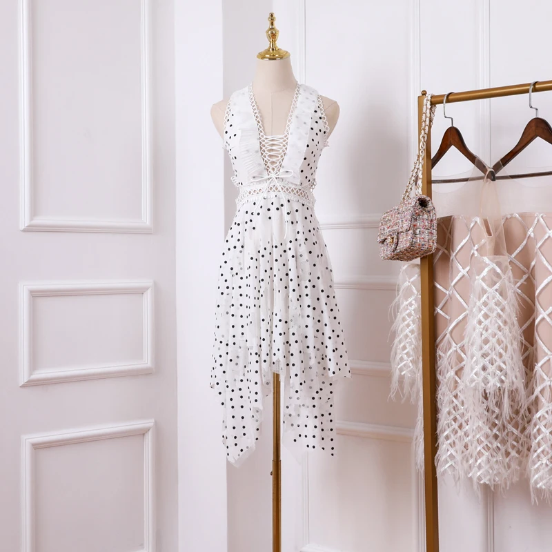 

New 2019 Summer Sexy V tie Hollow Sleeveless Ear Edge Wave Point Splicing Irregular Dress