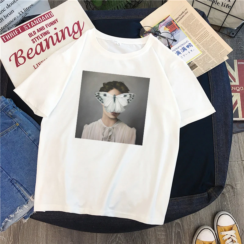 

Ulzzang summer new butterfly casual art print short sleeve ulzzang loose tops Harajuku large size O-neck T-shirt