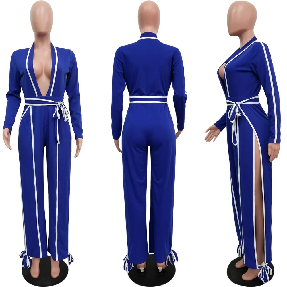 Adogirl White Trim Patchwork Women Jumpsuit Sexy Deep V Neck Long Sleeve Romper Side Slit Bow Tie Loose Pants Casual Overalls Adogirl White Trim Patchwork Women Jumpsuit Sexy Deep V Neck Long Sleeve Romper Side Slit Bow Tie Loose Pants Casual Overalls