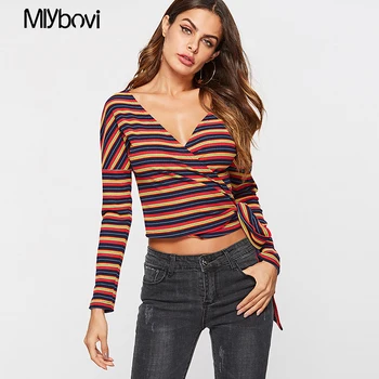 

Red Women Striped Tee Casual Elegant V Neck Slim Fit T-shirt Women Autumn Office Lady Elegant Long Sleeve Tops Knit Casual Tees