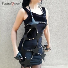 Готическое женское кожаное пэтчворк платье с пентаграммой черное с бретелькой через шею регулируемое с открытой спиной открытое клубное мини-платье