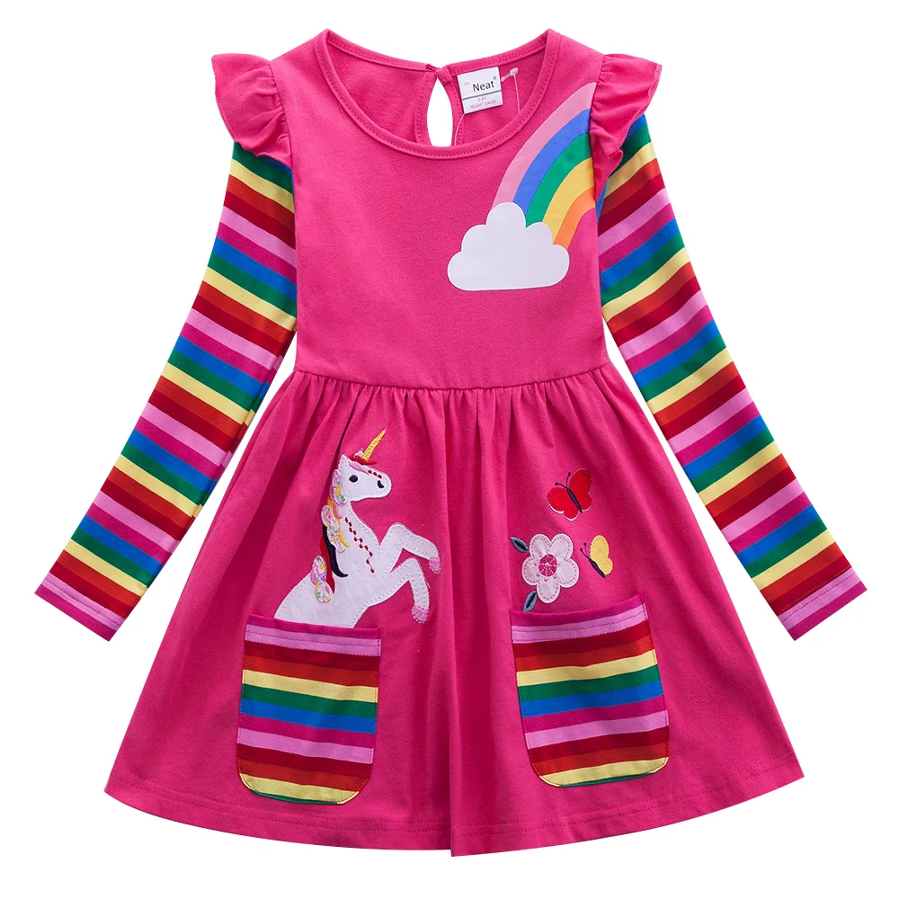 Girl long Dresses New Autumn Spring Cartoon Casual Cotton Girl Dress Embroidered Girls Long Sleeve Unicorn Dress 81035