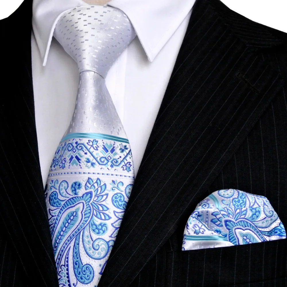  Dots Paisley White Blue Azure Yellow Beige Silver Mens Neckties Tie Set Handkerchief 100% Silk Jacq
