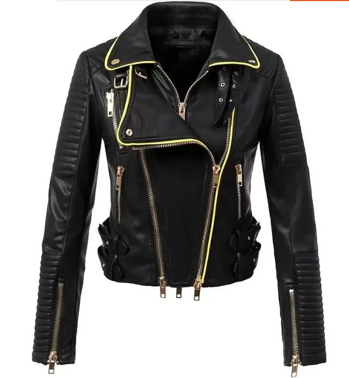 2017 Runway Spring Autumn Luxury Black Leather effect Short Biker