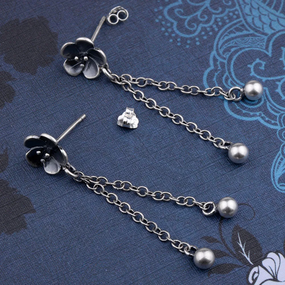 Mythic Age Real 925 Sterling Silver Ethnic Peach Blossom Flower Vintage Tassel Stud Earrings Jewelry Gift for Woman Girl Fine Jewelry