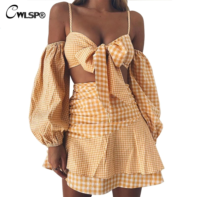 CWLSP клетчатая юбка, летний комплект из двух предметов с высокой талией, платье с оборками и завязками, праздничное платье, vestido conjunto feminino QL3827