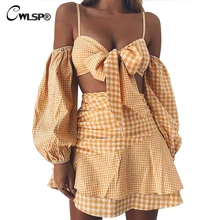 CWLSP Plaid Skirt Set Off shouder Summer High Waist Two pieces set Dress Ruffles Tie up Holiday vestido conjunto feminino QL3827 CWLSP Plaid Skirt Set Off shouder Summer High Waist Two pieces set Dress Ruffles Tie up Holiday vestido conjunto feminino QL3827