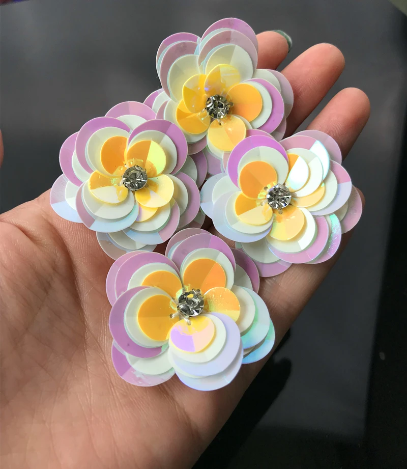 4.2cm Colorful Sequins Flowers Rhinestones Patches Applique Sew On
