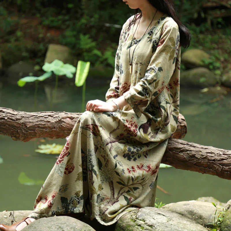 

SCUWLINEN Vestidos 2019 Spring Autumn Women Dress Chinese Robes Vintage Print Plus Size Linen Dress Long Maxi Dress S30
