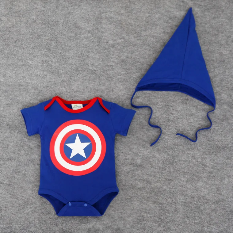 Летние комплекты одежды для маленьких мальчиков и девочек «Капитан Америка», детский комбинезон, хлопковая одежда, милый комбинезон+ шапочка, носки из 2 предметов