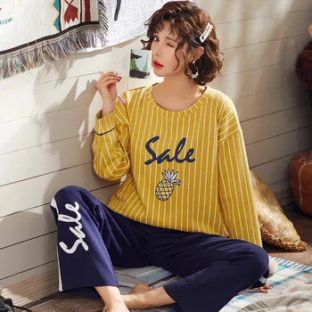 

BZEL Cotton Pajamas For Women Long Sleeve Pijama Mujer Fashion Home Wear Suit Round Neck Sleepwear Pyjamas Sleep Lounge 2pcs/set