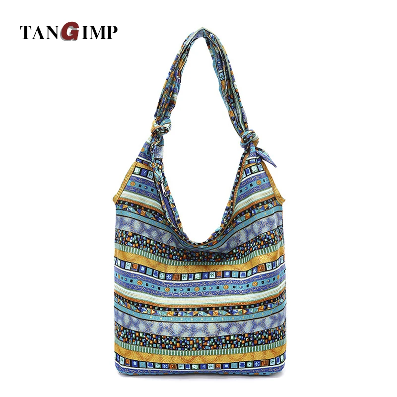 TANGIMP Women Slouch Bags Blue Aztec Hippie Gypsy Boho Blue Ethnic