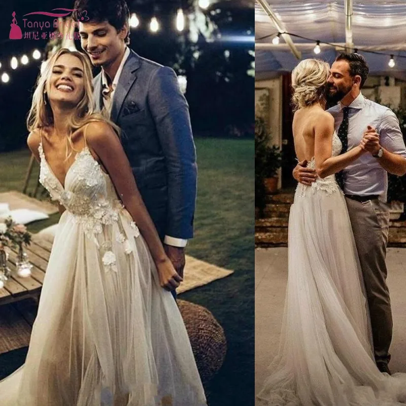 

Romantic Bohemian Boho Spaghetti Straps Wedding Dresses Garden Spring Applique Backless Lace Bride Dress Arabic Dress JQ185