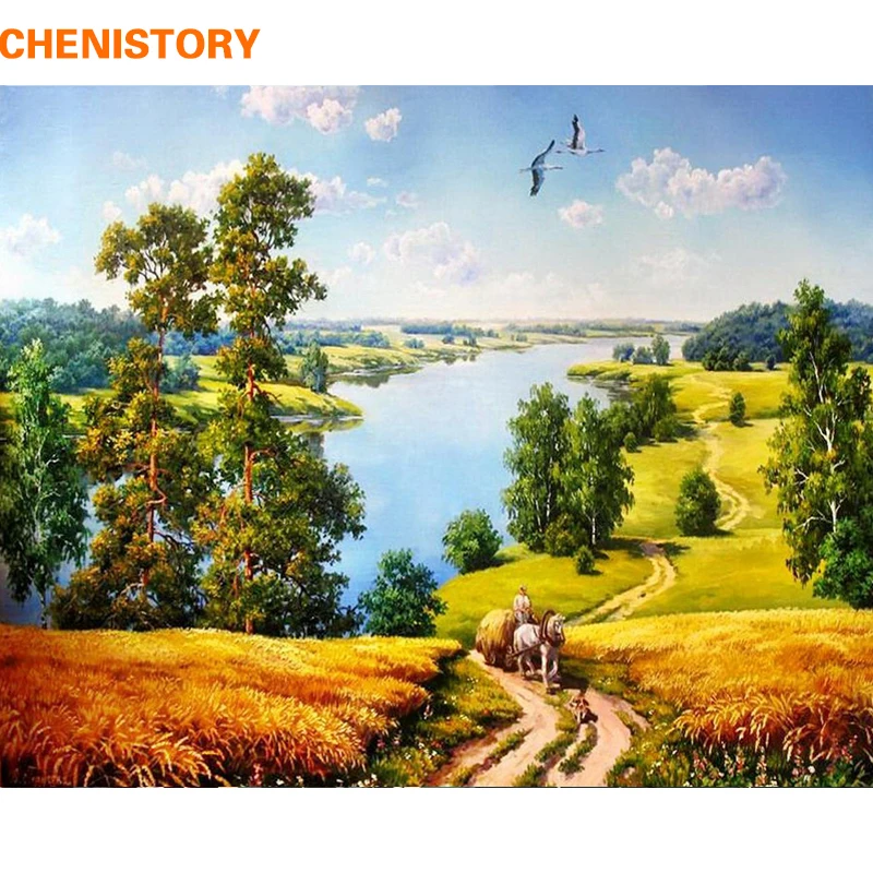 CHENISTORY Frameless DIY Painting By Numbers Rural Landscape Calligraphy Painting Coloring By Numbers Unique Gift For Home Decor