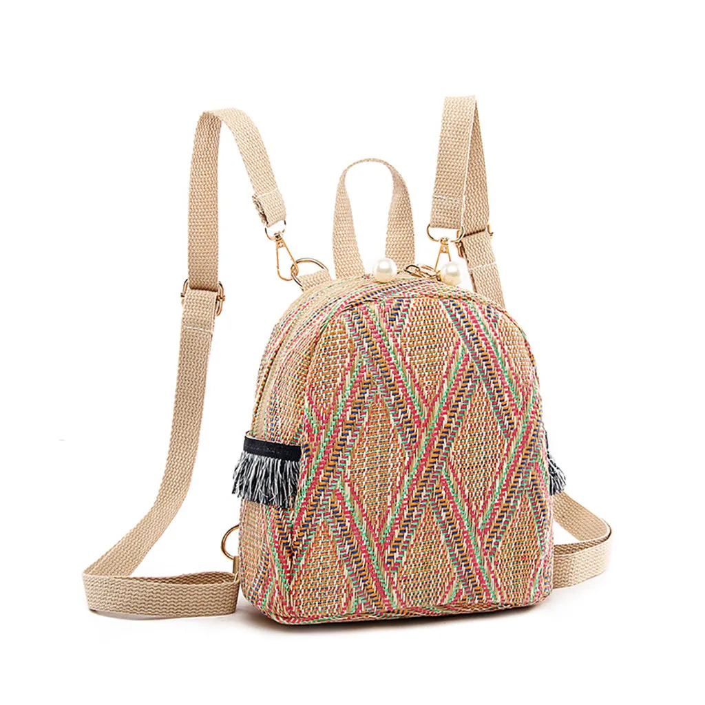 Женский тканый рюкзак, школьная сумка из ротанга, геометрические складные школьные сумки для подростков, девочек, мини-рюкзак с кисточками, sac a dos