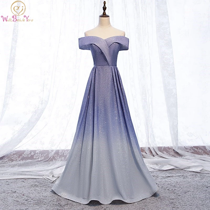 

Blue Evening Dresses Bling Sparkle Gradient Color Pink Gray Elegant Reflective A Line Off Shoulder Long Prom Gowns Formal School