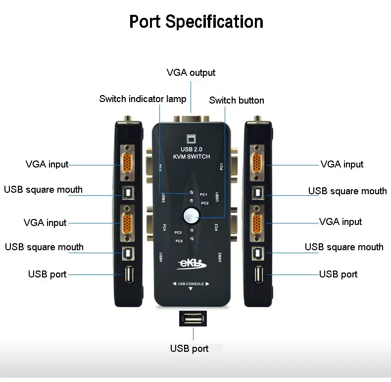 EKL 4 Порты и разъёмы USB 2.0 KVM коммутатор VGA переключатель коробка 1920x1440 подключается принтер, клавиатура Мышь Мониторы USB 2.0 переключатель KVM