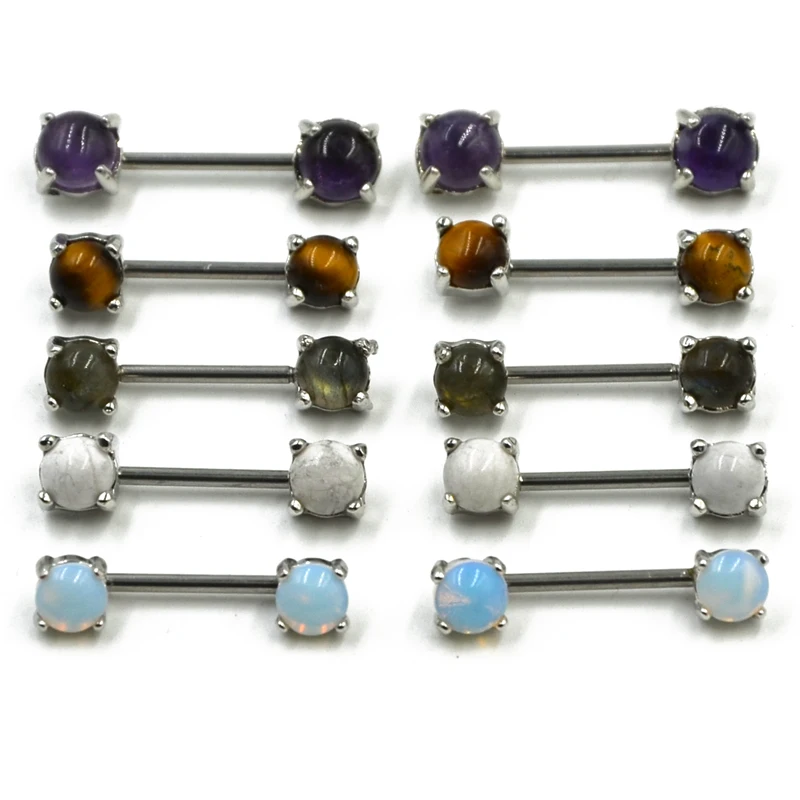 Pair 316l Surgical Steel Nipple Barbell Ring Opal Stone Nipple Bar