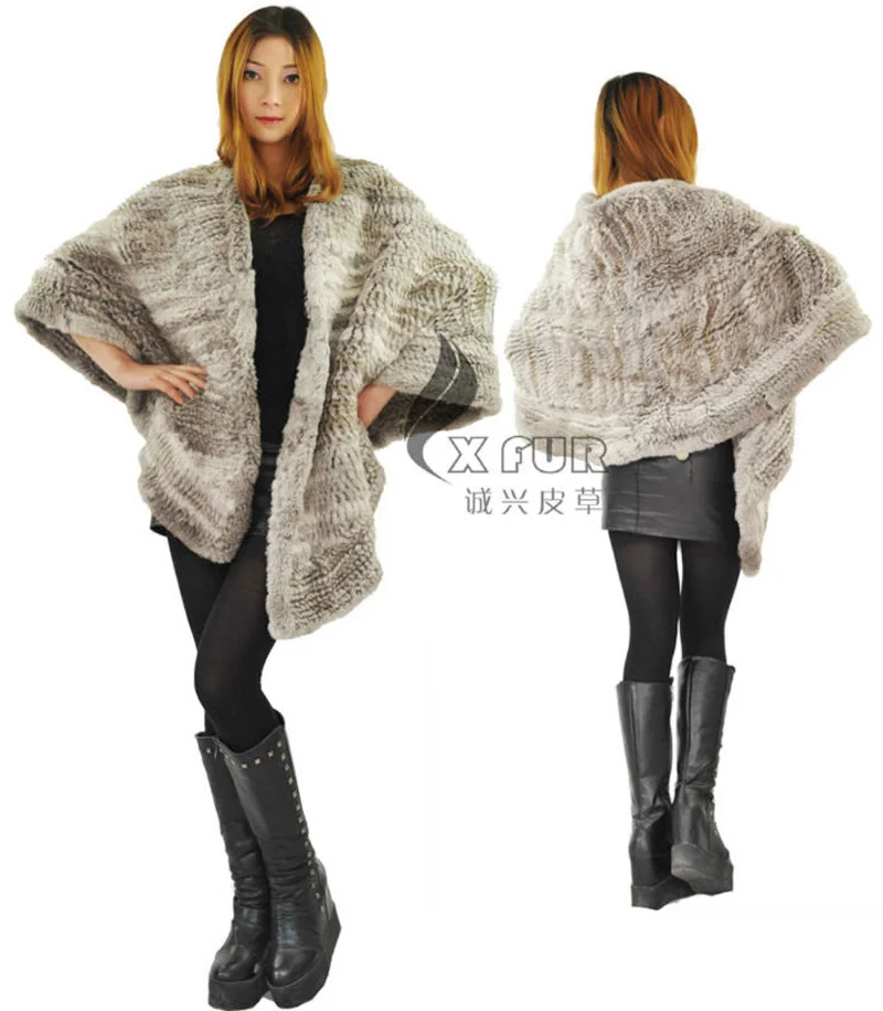 

CX-B-40 Latest Elegant Ladies Natural Colour Genuine Rabbit Fur Hand Knitted Shawl