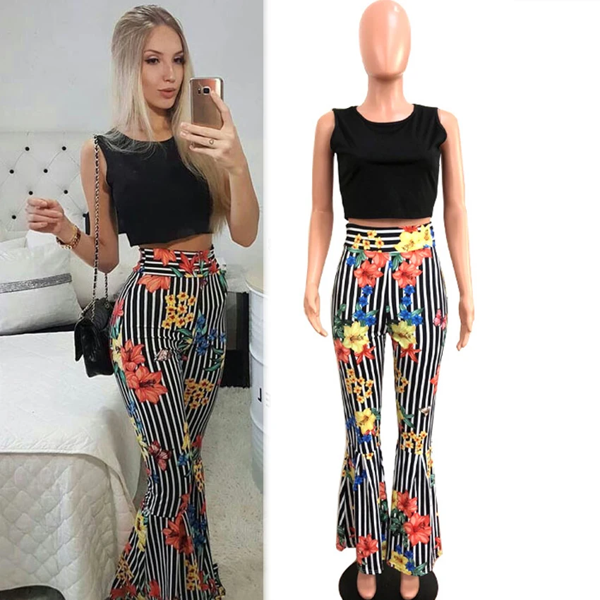 

Striped 2 Piece Outfits for Women Fashion Designer Festival Clothing Matching Floral Print 2019 Summer Sleeveless Top Pant Suits