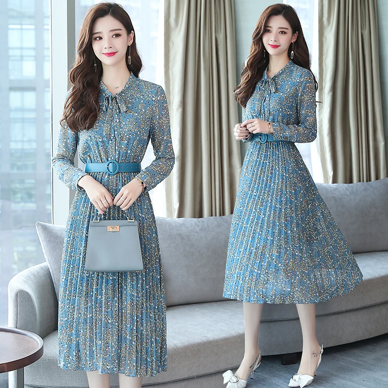 Kaufen 2019 herbst Winter Vintage Chiffon Floral Midi Kleid Plus Größe Maxi Boho Kleider Elegante Frauen Partei Langarm Kleid Vestidos