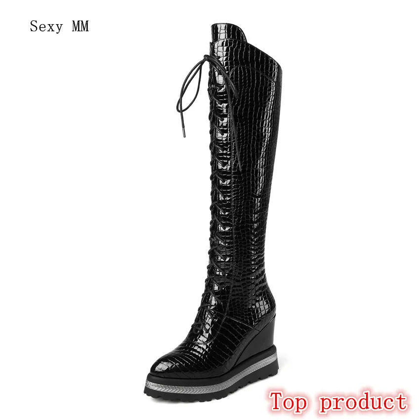 Hauts 3440 Wedge Genou Bottes Plus 42 Automne Chaussures Véritable Printemps Femme Noir Haute Cuir Talons Taille forme La Plate Femmes À Cuissardes 41 6yYbg7fv